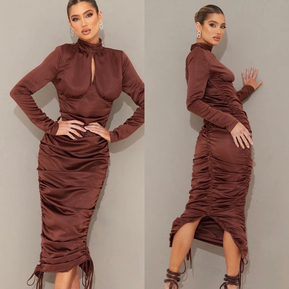 🌟SOLD PRETTYLITTLETHING Chocolate high neck underwire detail ruched midi 6 NEW - Picture 13 of 15
